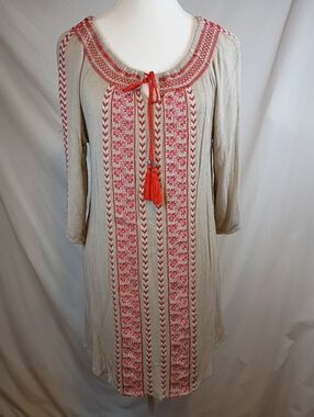 Umgee Size S  Women's Beige Red Embroidery 3/4 sleeve Tunic  Blouse with tassels